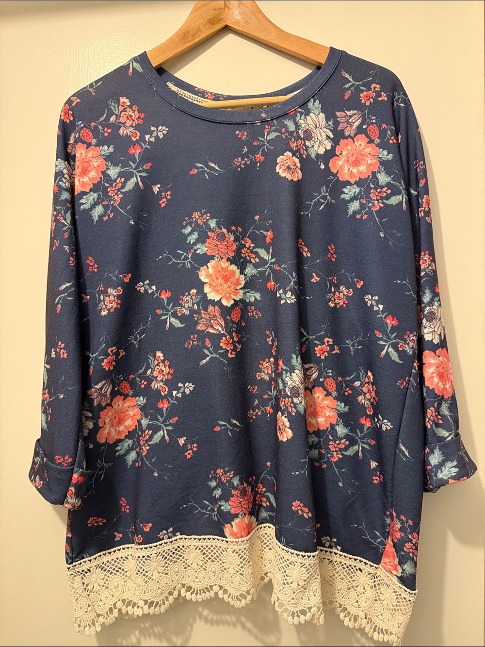 love on a hanger Navy Floral Sweatshirt with Cream Lace Hem